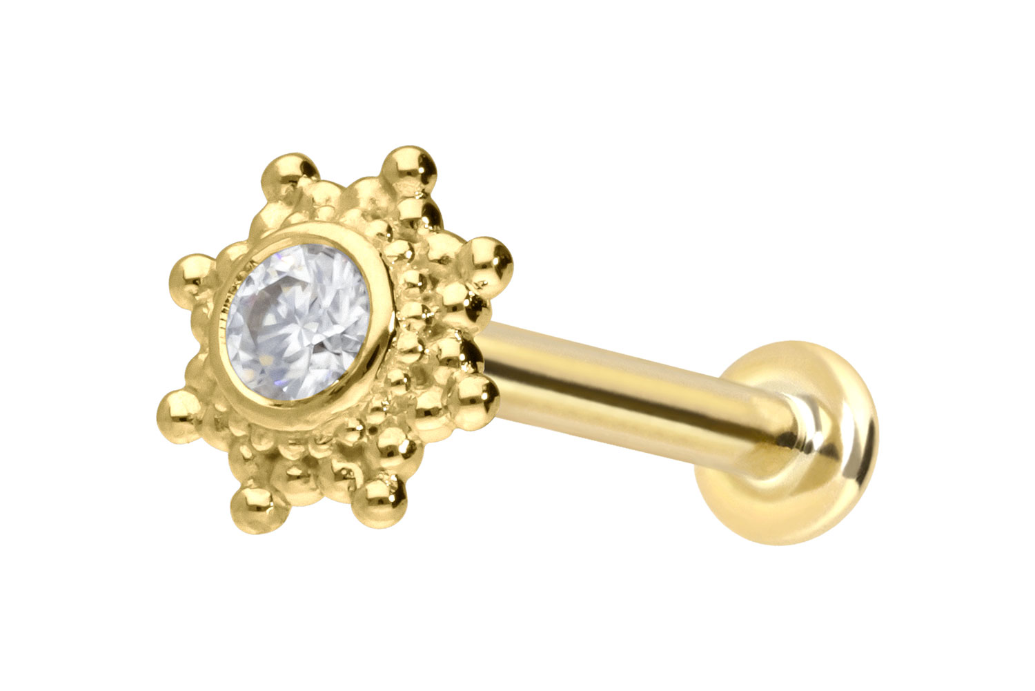 14 Karat Gold Labret Piercing mit Push Fit MOISSANIT-SONNE